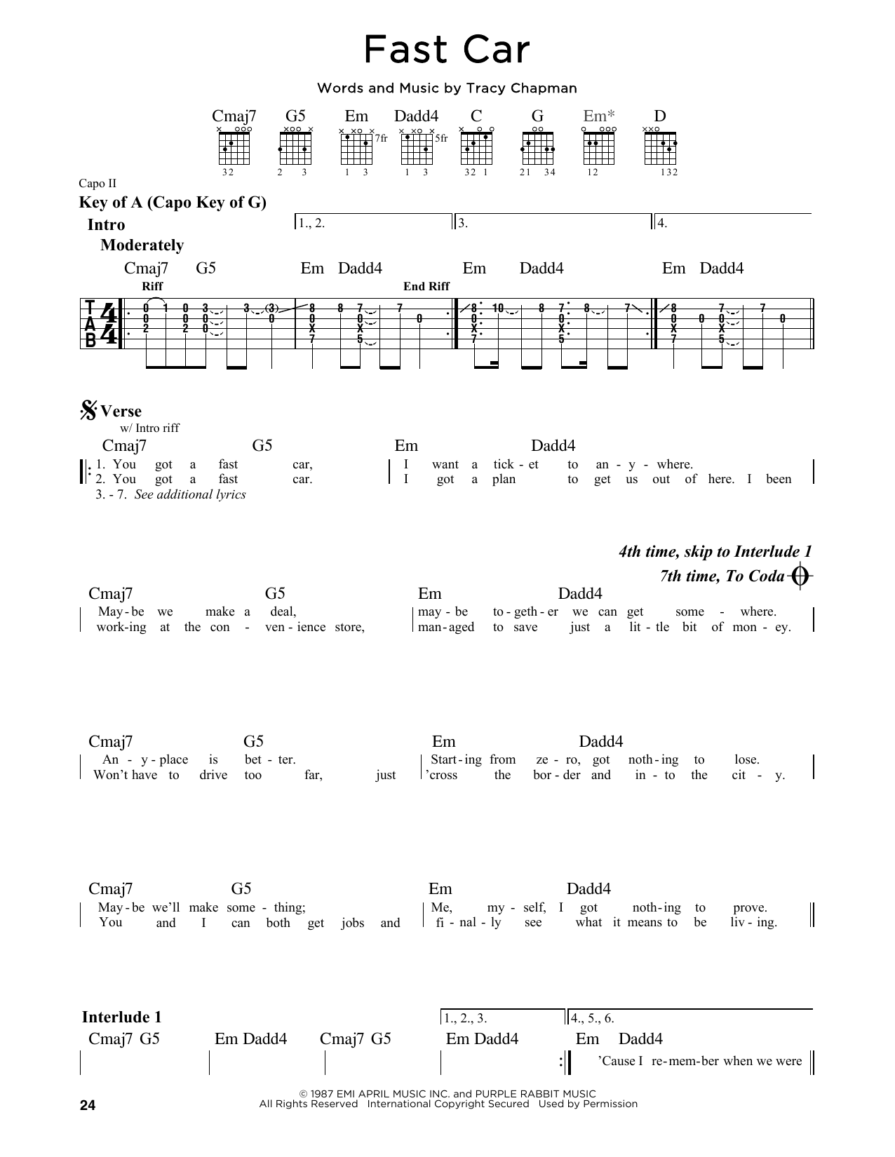 Fast Car By Tracy Chapman Guitar Lead Sheet Guitar Instructor - Fast Car Tracy Chapman Charts