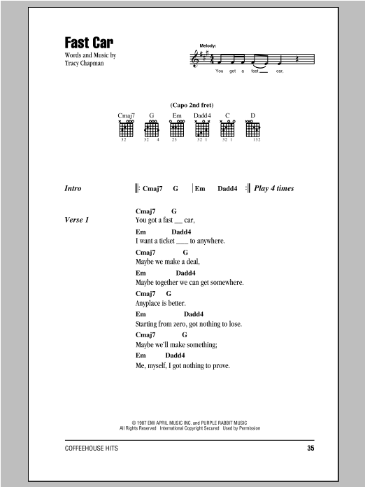 Fast Car Sheet Music Tracy Chapman Lyrics Chords - Fast Car Tracy Chapman Charts