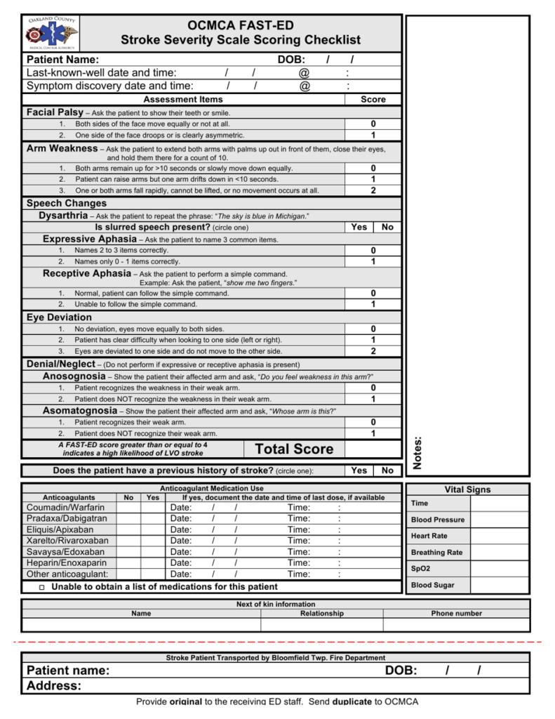 Oakland County Michigan Ocmca Fast Ed Stroke Severity Scale Scoring  - Fast Ed Stroke Scale Chart