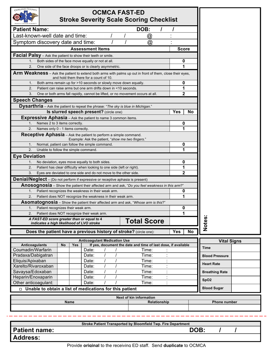 Oakland County Michigan Ocmca Fast Ed Stroke Severity Scale Scoring  - Fast Ed Stroke Scale Chart
